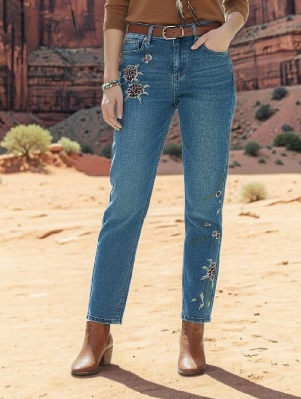 Vtg Sandpiper Floral Embroidered Slim Straight Jeans Women's Size 6P Stretch